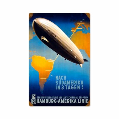 HAMBURG AMERIKA LINE BLIMP TRAVEL 18'' HEAVY DUTY USA MADE METAL ADVERTISING SIGN