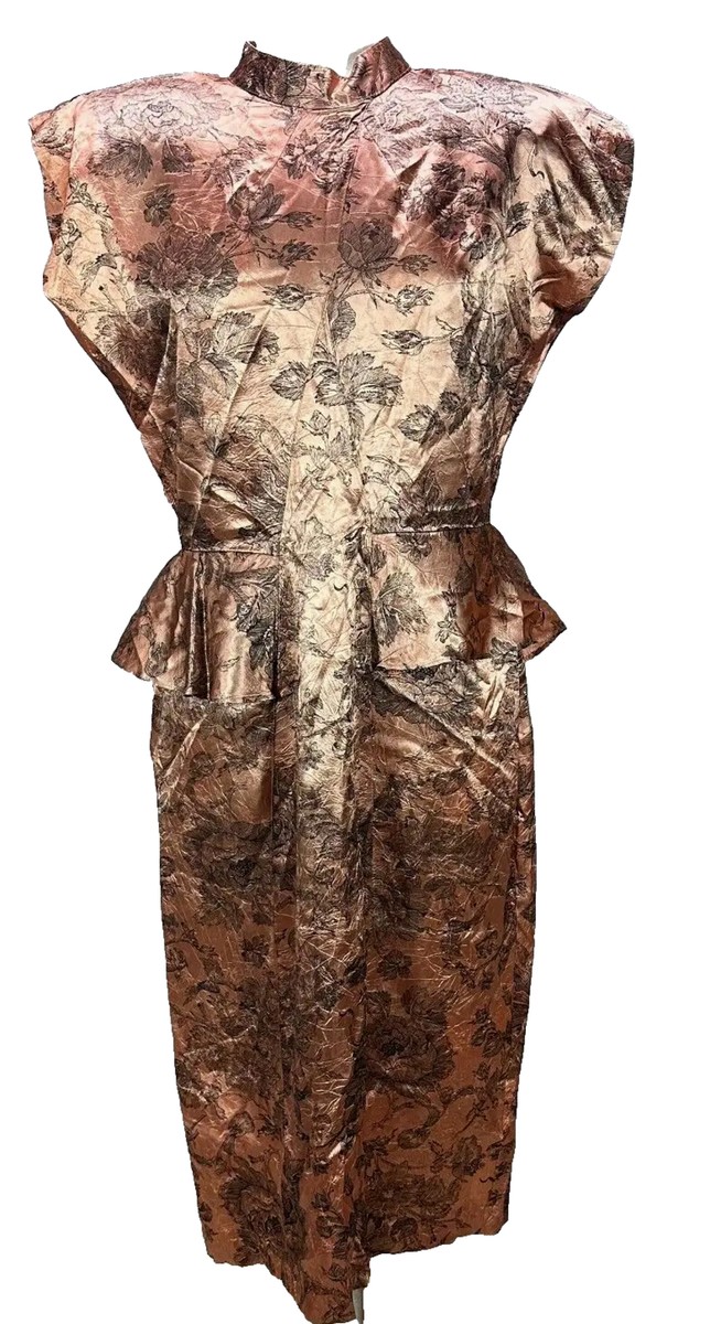 Vintage Peplum Party Dress Womens Size 16 Metallic Rose Gold Floral  Cocktail USA | eBay