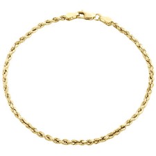 10K Yellow Gold 2mm Hollow Diamond Cut Rope Link Bracelet / Anklet 7 - 10 Inch