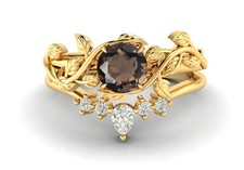 Leaf Round Cut Smoky Quartz Engagement Ring925 Yellow Gold Vermeil Birthday Gift