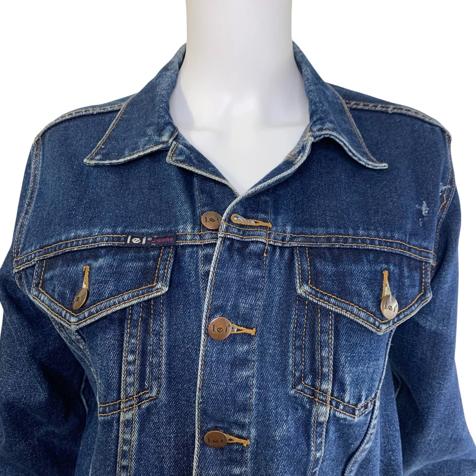 LEI Trucker Jean Jacket Size M Dark Wash Distressed Vintage Blue 100% Cotton Y2K - Image 4 of 4