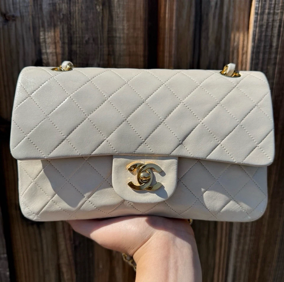 Authentic CHANEL Classic Lambskin Small Shoulder Bag White With Gold Hardware - Image 3 of 4