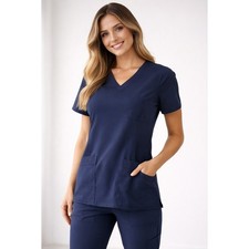 Women Navy Scrub Top Lot 2 M Stretch Nurse Dental Vet Medical Uniform Healthcare