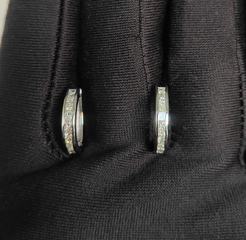 1.08 Carats Princess Shape Natural Diamonds Unisex Hoop Earrings 18K White Gold - Picture 9 of 12