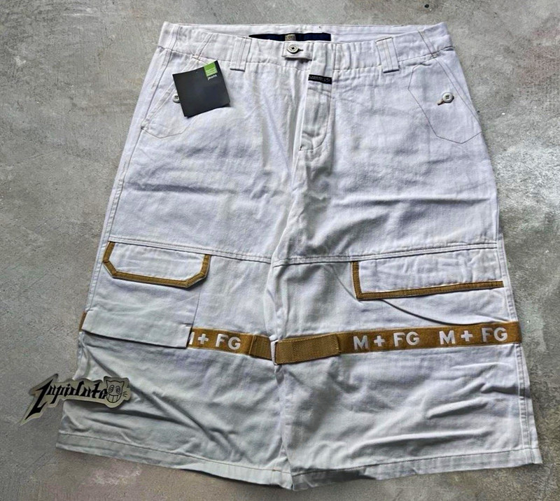 Marithé + François Girbaud Men's White Denim Cargo Shorts Logo Zip 13" Inseam
