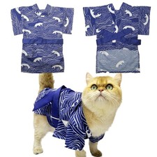 Pet Kimono Hakama Blue Wave Pattern Dog Cat Cotton Japanese Formal Small Dog