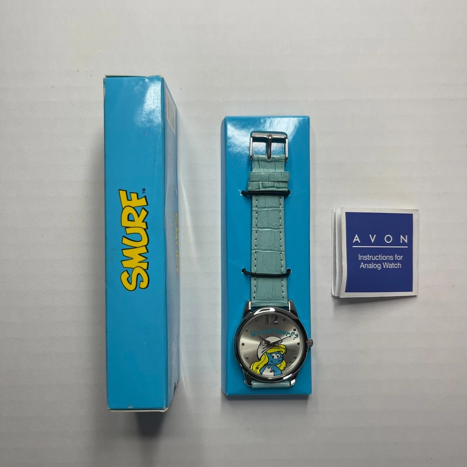 Reloj analógico vintage AVON Pitufina correa de cocodrilo azul nuevo en caja años 80 Foto 4 de 4