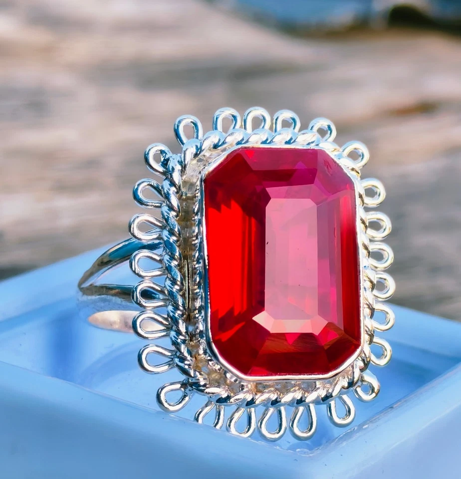 Anello da sposa rubino sangue taglio smeraldo donna gioiello fine pietra... - Immagine 4 di 4