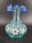 FENTON ARTS GLASS QVC 1999 AQUAMARINE RIB OPTIC VASE COBALT CREST
