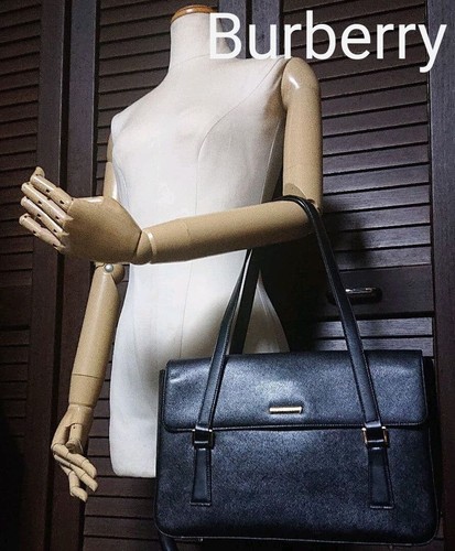 Burberry Black Saffiano Leather Check Business Bag Gold Hardware Auth