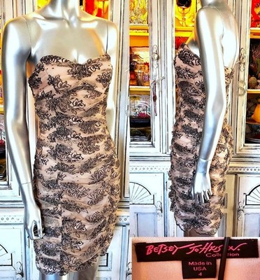 Vintage Betsey Johnson Lace Dress Y2K Nude Black Floral Mesh Wiggle Bodycon S 4