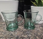 Vtg Set of 2 Anchor Hocking 16oz Cobalt Green Glass Pedestal Handled Coffee Mugs