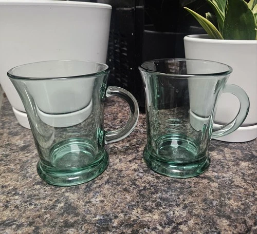 Vtg Set of 2 Anchor Hocking 16oz Cobalt Green Glass Pedestal Handled Coffee Mugs