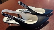 Moschino Black Leather Slingback Heels IT39 US9 Pointed Toe Logo Pumps 675