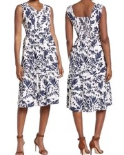 Magaschoni Linen Navy White Floral Midi Dress Sz 8 Garden Party Cottagecore 50s