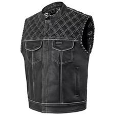 Mens Black Leather Motorcycle Vest Diamond Stitch Concealed Carry Waistcoat Grey