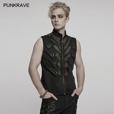 Punk Rave Men Black Gothic Punk Metal Studded Mesh Splicing Vest Slim Fit Tops