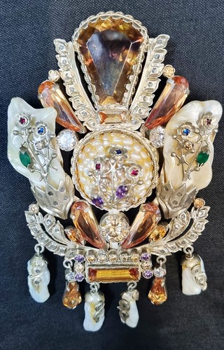 Selten Vintage Multi Steine Perlmutt bunt NIEDRIG Silber asymmetrisch Anhänger - Bild 12 von 13