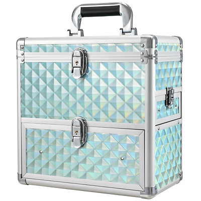 Makeup Train Case - Professional Lockable Cosmetic Box with Drawer Mirror BLUE