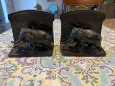 VINTAGE PAIR OF ART NOUVEAU BRONZE ELEPHANT BOOKENDS BY L.V. ARONSON DATED 1923