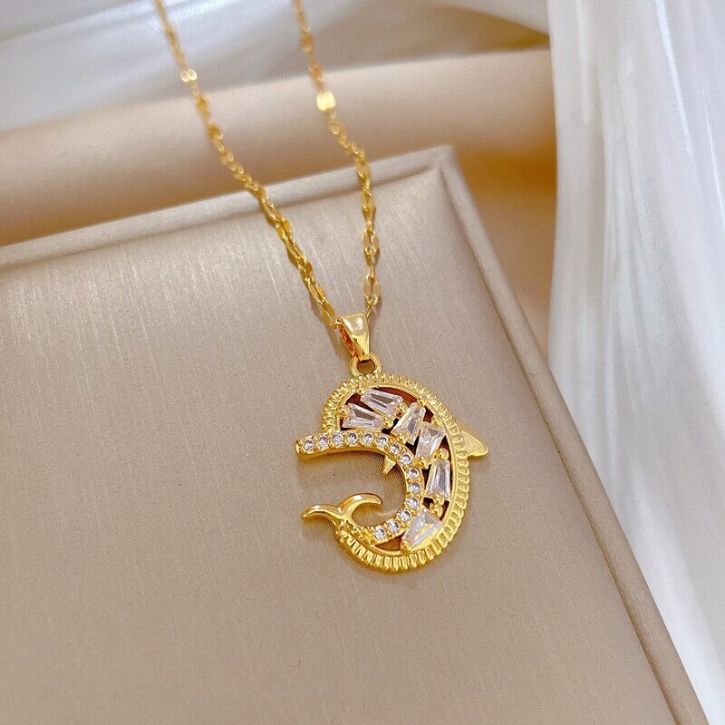Women's Fashion Jewelry Gold Cubic Zircon Dolphin Pendant Necklace