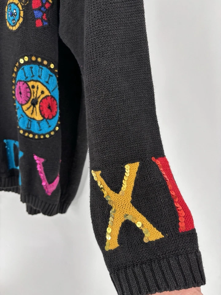 Chaus винтажный кардиган свитер женщин 2 X черный трикотажа часы римские цифры блестки - Изображение 2 из 4