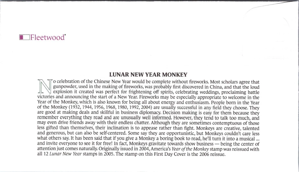 FDC 2006 SC #3997 Year Of The Monkey - Washington DC - Single - J1029 - Image 2 of 2