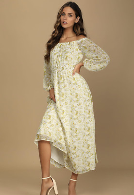 NWT Lulus Love That Blooms Yellow Floral Print Off-the-Shoulder Maxi Dress