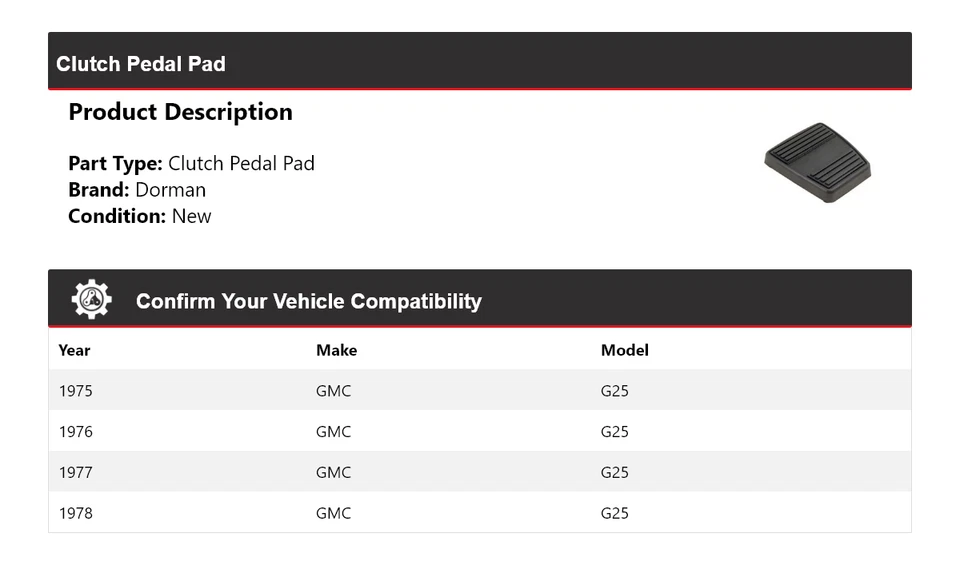 Almohadilla de pedal de embrague para GMC G25 1975-1978 Dorman 1976 1977 Foto 2 de 4