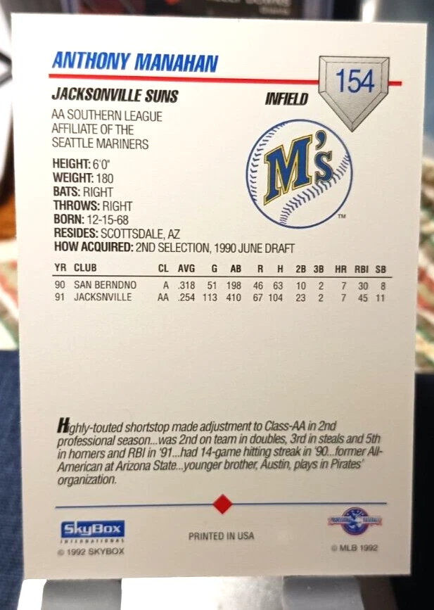 1992 SkyBox AA Baseball Card of Anthony Manahan #154 (NM) Free Returns - Image 2 of 2