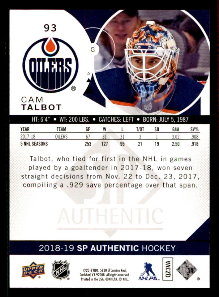 2018-19 SP Authentic Limited Red #93 Cam Talbot - Image 2 of 2