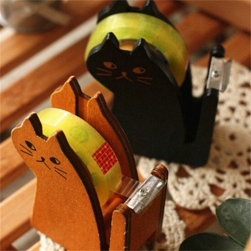 1x Funny Cat Shape Wooden Tape Dispenser Tape Cutter Office School Supplies D-wf - Imagen 2 de 14