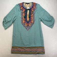 Women Bohemian Neck Tie Vintage Printed Ethnic Pakistani Summer Shift Dress L