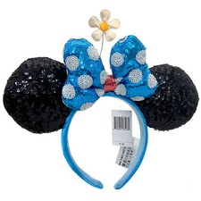 Disney- Minnie Ear Blue Sequin White Polka Dot Bow Timeless Flower Headband NWT