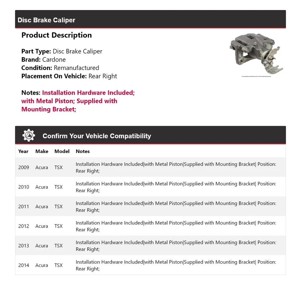 Pinza de freno de disco trasera derecha Cardone 2010 2011 2012 para Acura TSX 2009-2014 Foto 2 de 4