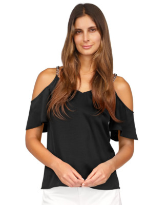 Michael Michael Kors V-Neck Cold Shoulder Chain Trim Top Black Petite  Size PS