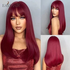 EASIHAIR Wine Red Burgundy Straight Synthetic Wigs with Bangs Cosplay Party Long