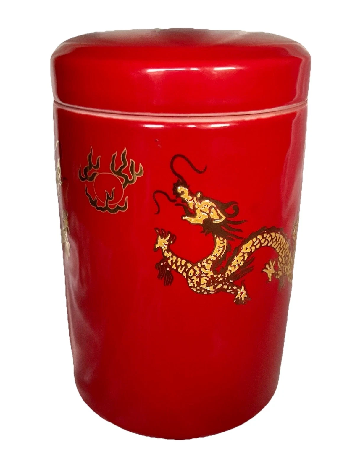 TWO GOLD DRAGONS On Bright Red Ceramic Large 5.5” Canister With Jar Seal On Lid