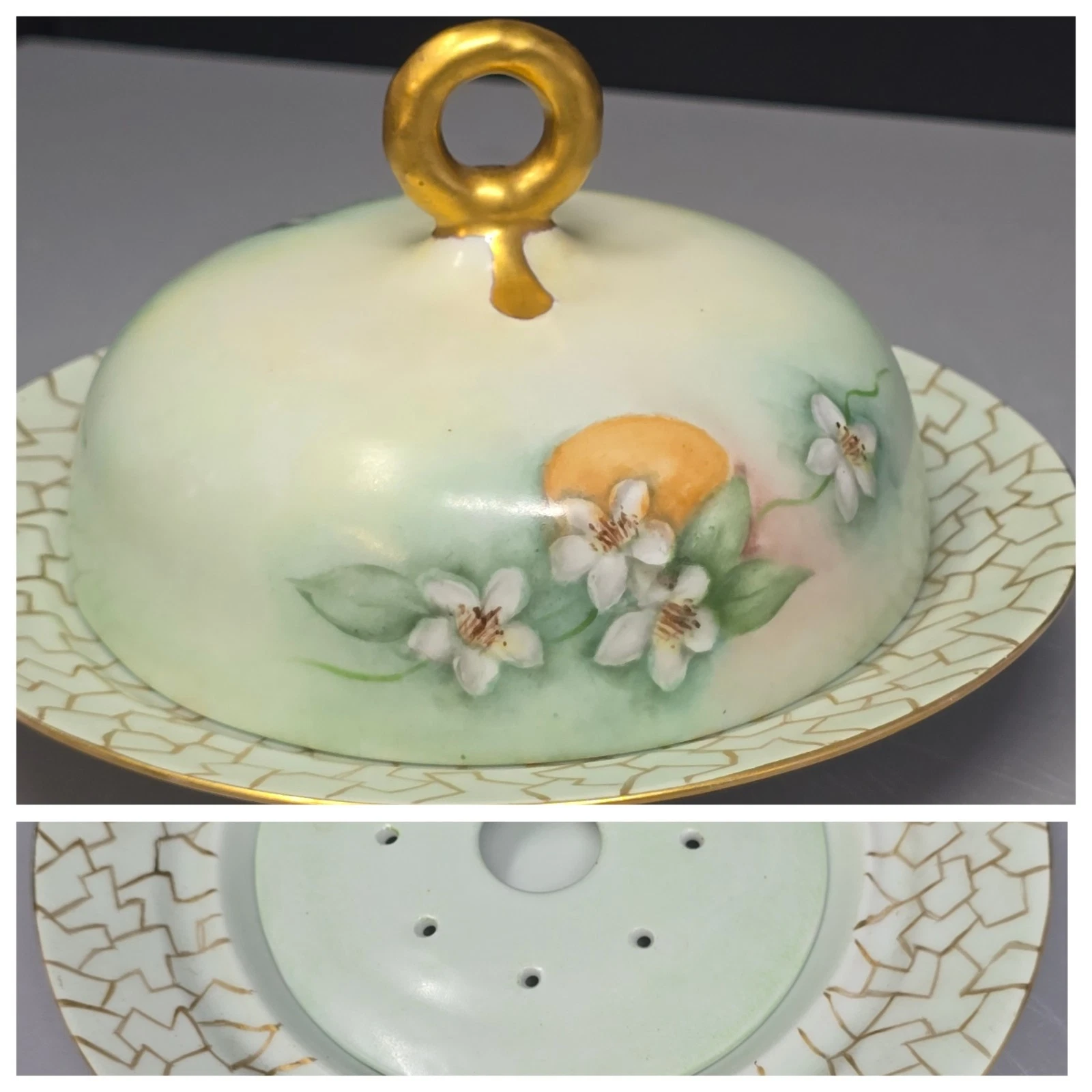 Heinrich & Co Jadeite Dogwood Covered Butter/Cheese Dish Hand Painted Bavaria