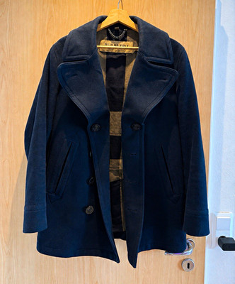 Burberry Herren Mantel Gr. 52 blau Wolle/Kaschmir Knopfverschluss halblang