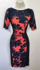 M&S red orange floral stretchy midi shift dress 8 petite new smart formal work