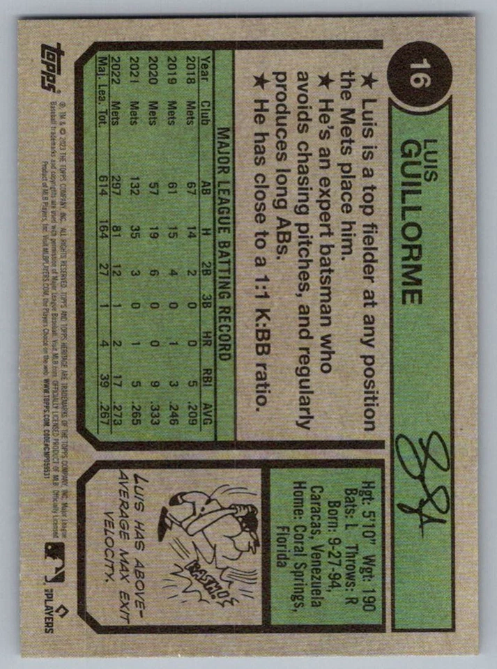 2023 Topps Heritage Luis Guillorme New York Mets #16 - Image 2 of 2