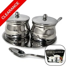 NEW 18/10 Stainless Steel Twin Jam Sugar Pot Set With Spoons + Tray