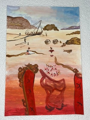 salvador dali painting on old paper signed stamped vintage