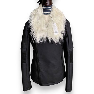 HELMUT LANG マフラー Helmut Lang Black Film-Coated Moto Jacket with Faux Fur Trim