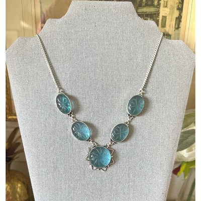 VTG Sterling Silver Hand Crafted Necklace With Blue Carved Stones Bezel Setting