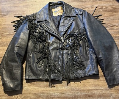 Vintage Motorcycle Jacket Fringe Women's Biker Leather Quilted Black HD Size 18