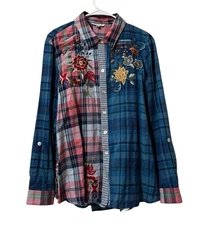 John Mark Women Size Large Button Down Floral Embroidered Flannel Boho Peasant