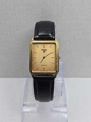 Vintage Pulsar by Seiko Classic 25mm Tank Watch Gold Tone Leather New Battery
