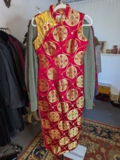 Sleeveless Red Gold Cheongsam Dress Mandarin Collar Chinese Traditional Small